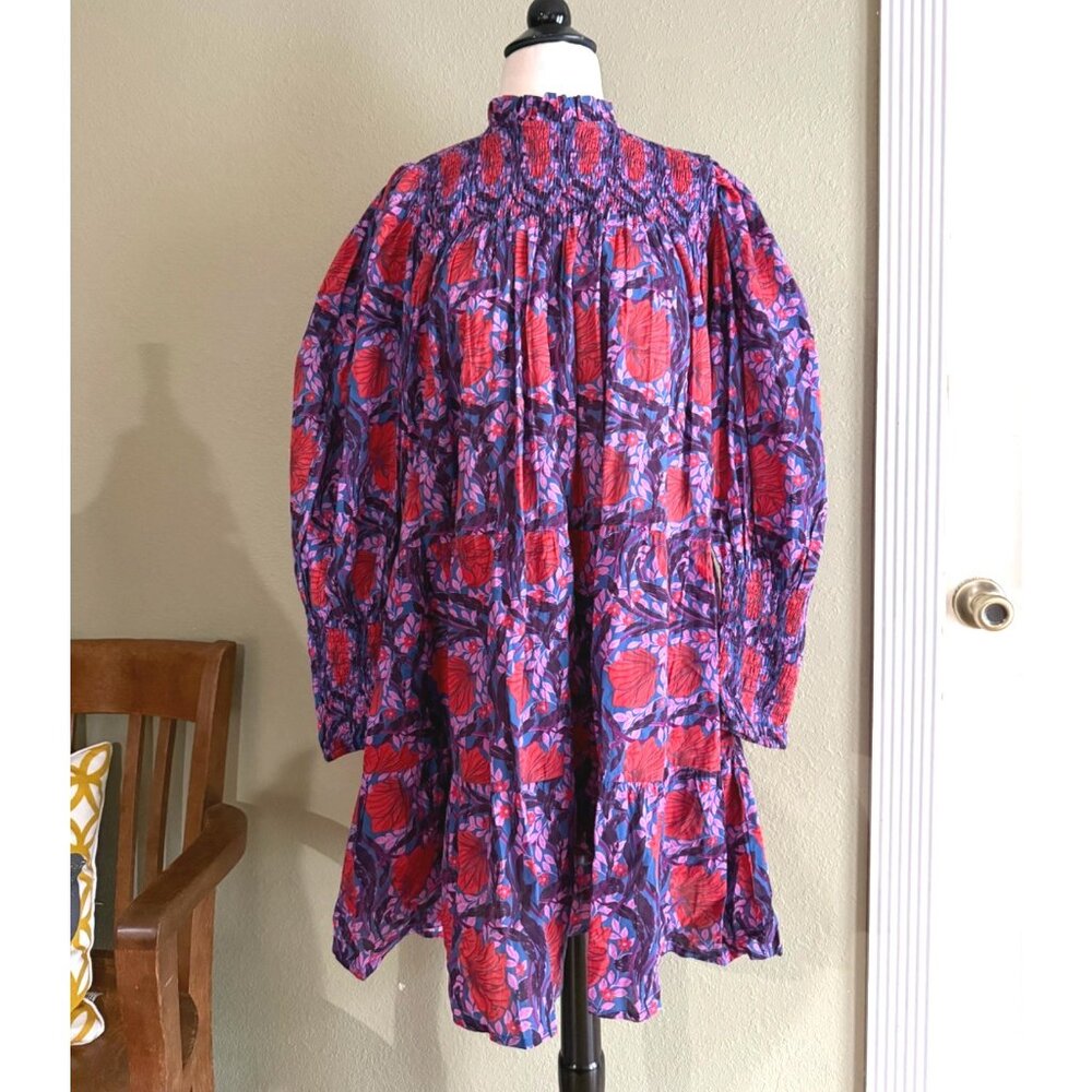 Bindu size XS Floral Smocked Dress Long‎ Puff Sleeves, High Neck Multicolor